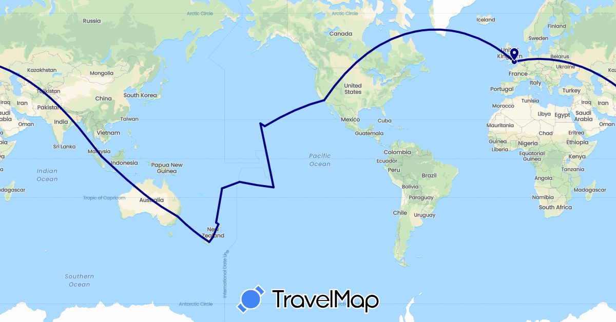 TravelMap itinerary: driving in Australia, Fiji, France, United Kingdom, New Zealand, Singapore, United States (Asia, Europe, North America, Oceania)